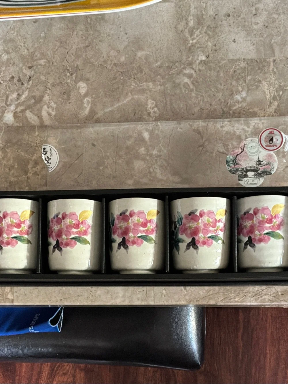Japanese Hand-Painted Floral Ceramic Tea Cup Set - Pink & Green (Set of 5)